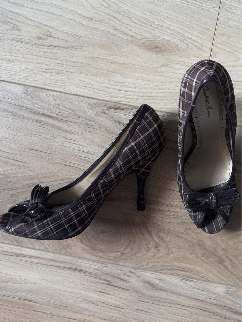 Brown Plaid Peep Toe Heels